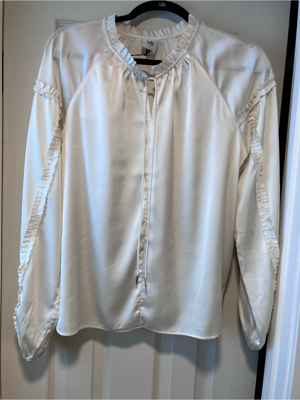 Cabi Chloe Uvory Satin Ruffle-Trim Tie-Neck Blouse